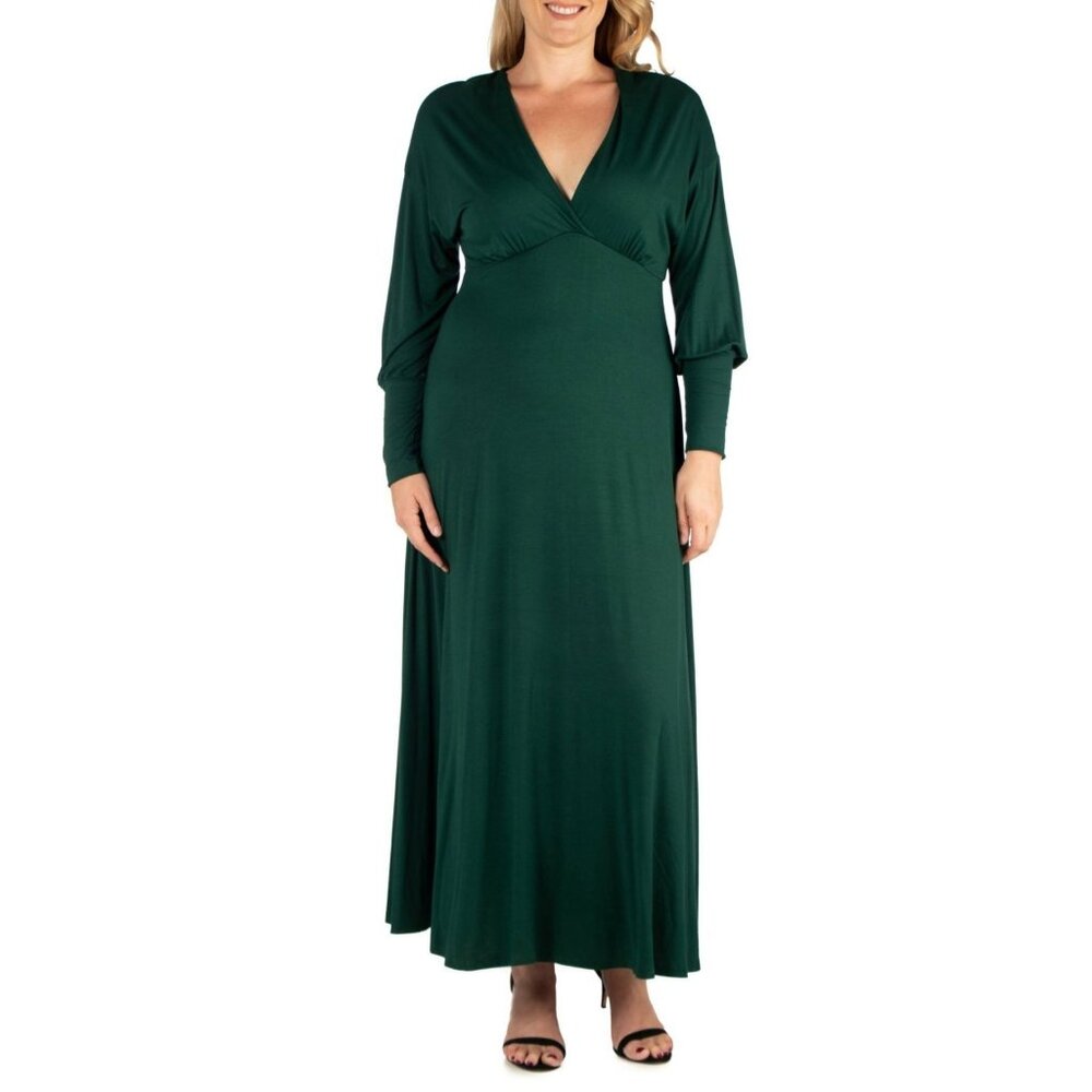 24seven Comfort Apparel Womens Plus Size 3X Bishop Sleeves Maxi Dress Green $102
